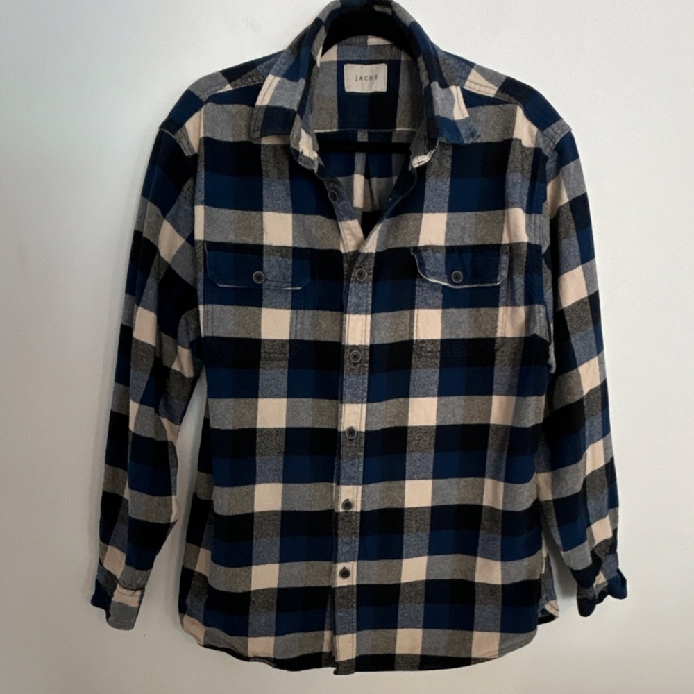 JACHS Blue Flannel Cotton Button-Up Shirt Long Sleeve Hunting Camping Shacket